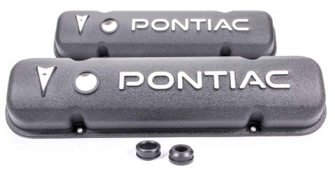 Valve Cover - Short - Breather Holes - Pontiac Logo - Aluminum - Black Paint - Pontiac V8 - Pair