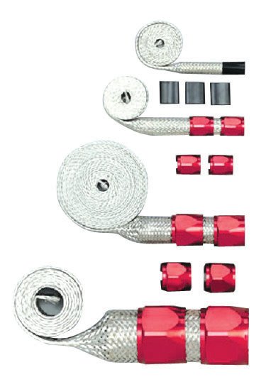 Hose and Wire Sleeve - Fuel / Heater / Radiator / Vacuum Hose Sizes - Hose End Covers - Steel - Red / Chrome - Kit