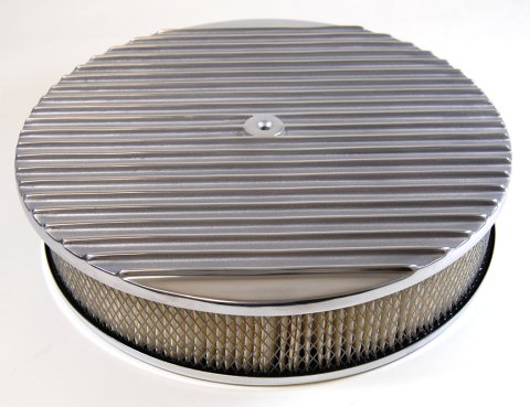 Air Cleaner Assembly - 14 in Round - 3 in Tall - 5-1/8 in Carb Flange - Raised Base - Finned - Steel - Chrome - Kit