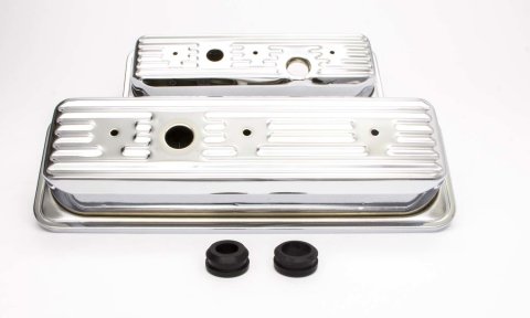 Valve Cover - Short - 2.5 in Height - Ribbed - Baffled - Breather Holes - Grommets Included - Steel - Chrome - GM V6 - Pair