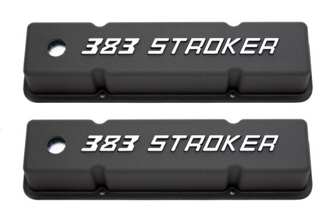Valve Cover - Tall - 3.875 in Height - Breather Holes - Aluminum - 383 Stroker - Black Powder Coat - Small Block Chevy - Pair