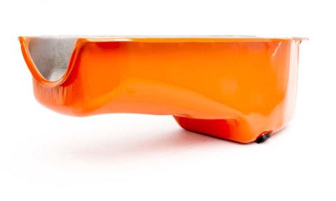 Engine Oil Pan - Rear Sump - 4 qt - Stock Depth - Steel - Orange Paint - 2-Piece Seal - Small Block Chevy - Each