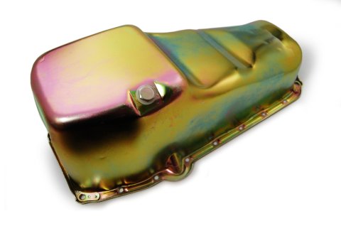 Engine Oil Pan - Rear Sump - 4 qt - 8 in Deep - Steel - Zinc Plated - 2-Piece Seal - Small Block Chevy - Each