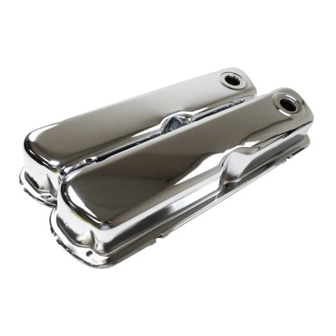 Valve Cover - Tall - 3.5 in Height - Baffled - Breather Holes - Grommets Included - Steel - Chrome - Small Block Ford - Pair