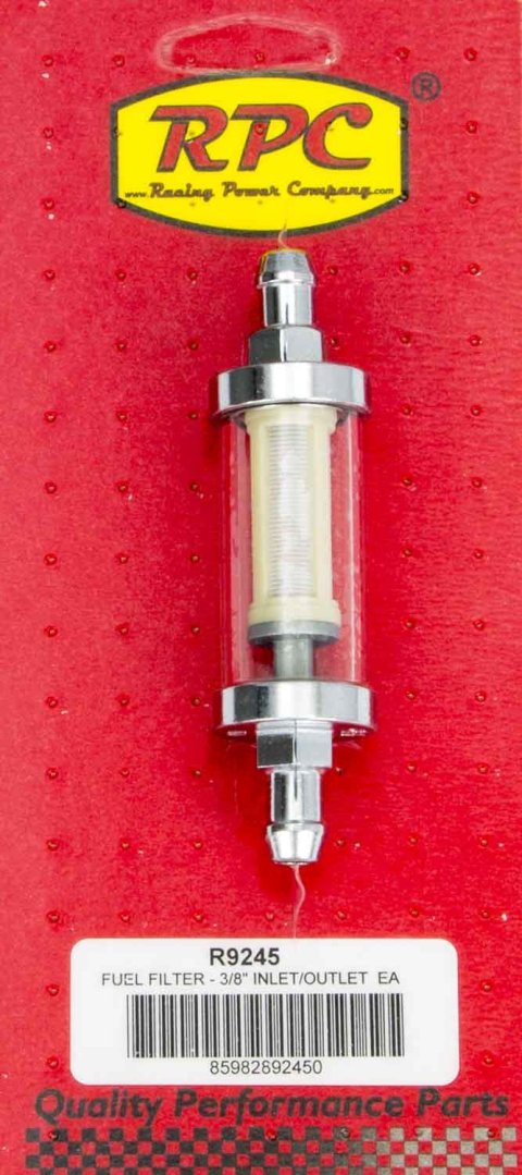 Fuel Filter - In-Line - Stainless Mesh - 3/8 in Hose Barb Inlet - 3/8 in Hose Barb Outlet - Glass / Steel - Chrome - Each