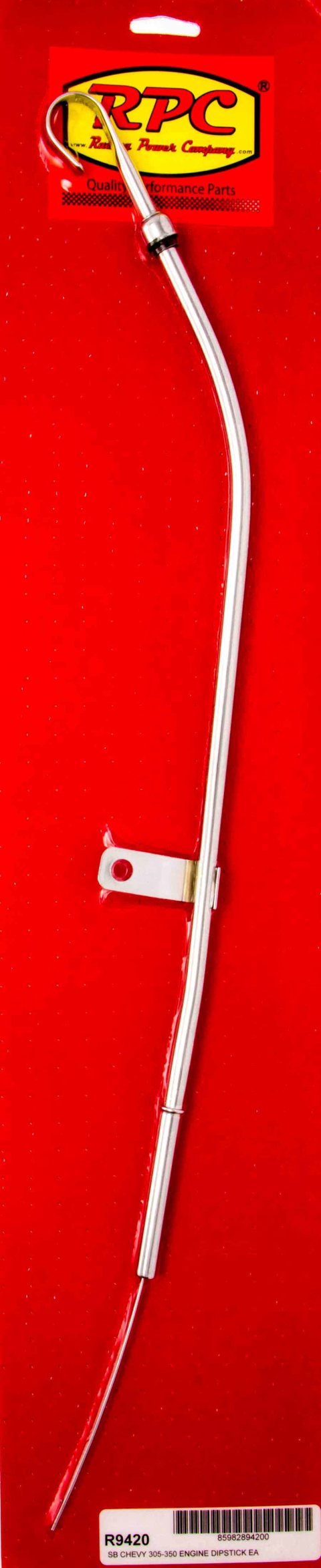 Engine Oil Dipstick - Solid Tube - Block Mount - 23 in Long - Steel - Chrome - Small Block Chevy - Each