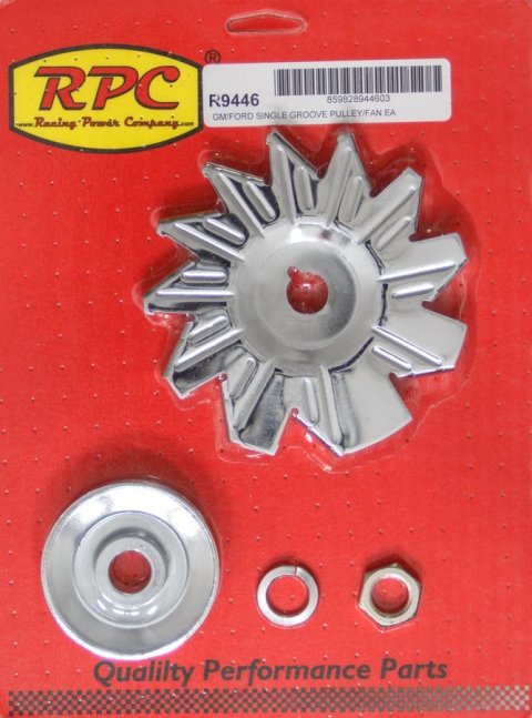 Alternator Pulley and Fan - V-Belt - 1 Groove - 2.625 in Diameter - 5/8 in Shaft - Steel - Chrome - Various Alternators - Kit
