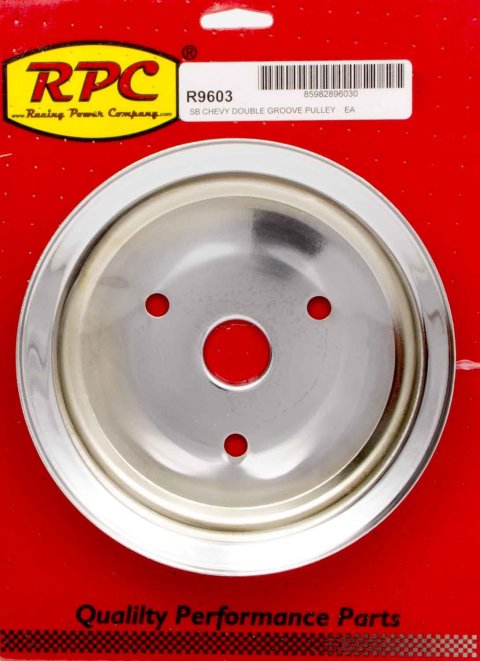 Crankshaft Pulley - V-Belt - 2 Groove - 7.3 in Diameter - Steel - Chrome - Short Water Pump - Small Block Chevy - Each