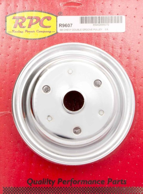 Crankshaft Pulley - V-Belt - 2 Groove - 6.9 in Diameter - Steel - Chrome - Long Water Pump - Small Block Chevy - Each