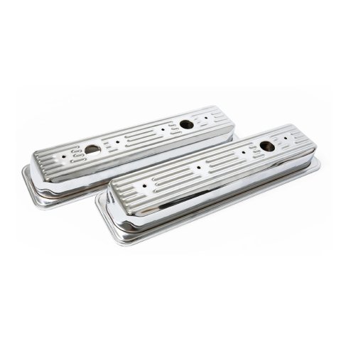 Valve Cover - Short - 2.375 in Height - Ribbed - Baffled - Breather Holes - Grommets Included - Steel - Chrome - Small Block Chevy - Pair