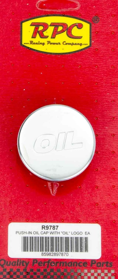 Oil Fill Cap - Push-In - Round - 1-1/4 in Valve Cover Hole - Oil Logo - Steel - Chrome - Each