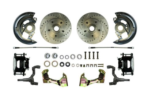 Brake System - Disc Conversion - Front - 1 Piston Caliper - 11.000 in Drilled / Slotted Rotors - Offset Hat - Iron - Black - GM A-Body 1964-72 - Kit