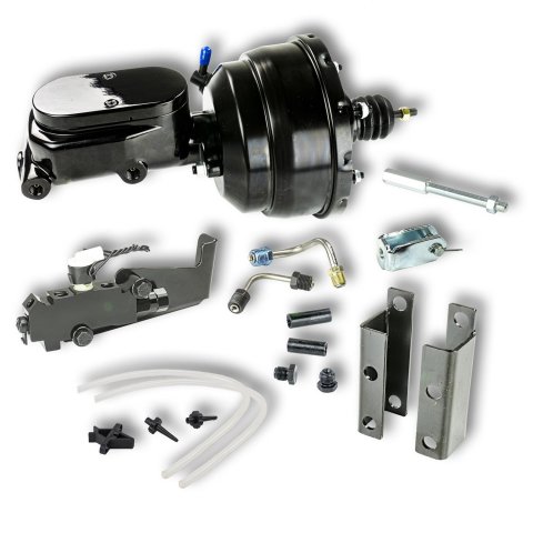 Master Cylinder and Booster - 1.125 in Bore - Dual Integral Reservoir - 8 in OD - Dual Diaphragm - Aluminum - Black Paint - Chevy Bel Air / Impala 1955-58 - Kit