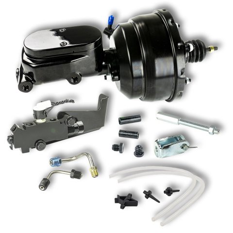 Master Cylinder and Booster - 1.125 in Bore - Dual Integral Reservoir - 8 in OD - Dual Diaphragm - Disc / Drum - Aluminum - Black Paint - Universal - Kit