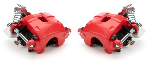 Brake Caliper - Driver / Passenger Side - 1 Piston - 2.000 in Bore - Rear - Iron - Red Paint - 0.980 in Thick Rotor Maximum - 5.438 in in Floating Mount - GM A-Body 1978-88 / GM F-Body 1968-79 - Pair