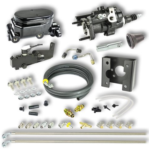Master Cylinder and Booster - 1 in Bore - Dual Integral Reservoir - Hydro-Boost - Aluminum - Black Paint - GM Fullsize Truck 1963-66 - Kit