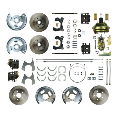 Brake System - Disc Conversion - Front / Rear - 1 Piston Caliper - 11.00 in Solid Rotors - Offset Hat - Iron - Natural - Chevy Fullsize Car 1955-57 - Kit
