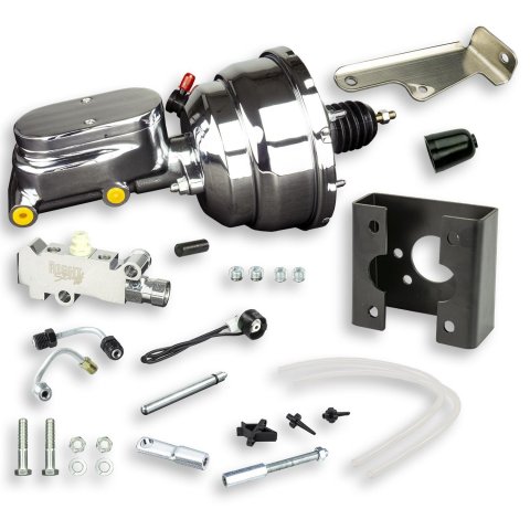 Master Cylinder and Booster - 1 in Bore - Dual Integral Reservoir - 8 in OD - Dual Diaphragm - Aluminum - Chrome Plated - GM Fullsize Truck 1963-66 - Kit