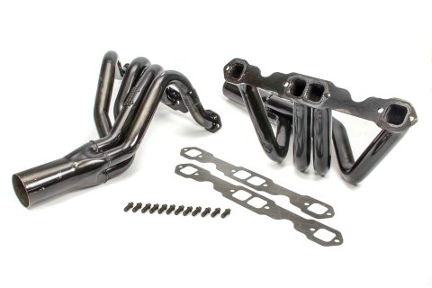 Headers - IMCA Modified - 1.625 in Primary - 3 in Collector - Gaskets / Hardware Included - Steel - Black Paint - Small Block Chevy - Pair