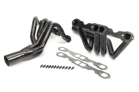 Headers - IMCA Modified - 1.75 in Primary - 3.5 in Collector - Gaskets / Hardware Included - Steel - Black Paint - Small Block Chevy - Pair