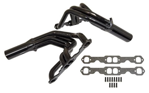 Headers - 1.75 in Primary - 3.5 in Collector - Fender Well Exit - Gaskets / Hardware Included - Steel - Black Paint - Small Block Chevy - Pair