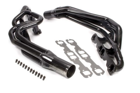 Headers - Conventional Crossover - 1.625 in Primary - 3 in Collector - Gaskets / Hardware Included - Steel - Black Paint - Small Block Chevy - Pair