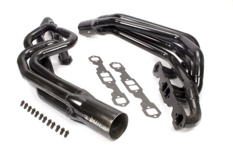Headers - Conventional Crossover - 1.625 to 1.75 in Primary - 3.5 in Collector - Gaskets / Hardware Included - Steel - Black Paint - Small Block Chevy - Pair