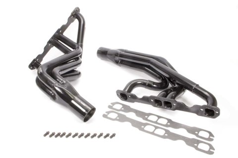 Headers - Dirt Late Model - 1.625 to 1.75 in Primary - 3 in Collector - Gaskets / Hardware Included - Steel - Black Paint - Small Block Chevy - Pair