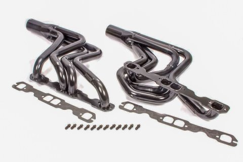 Headers - Dirt Late Model - 1.625 to 1.75 in Primary - 3 in Collector - Gaskets / Hardware Included - Steel - Black Paint - Small Block Chevy - Pair
