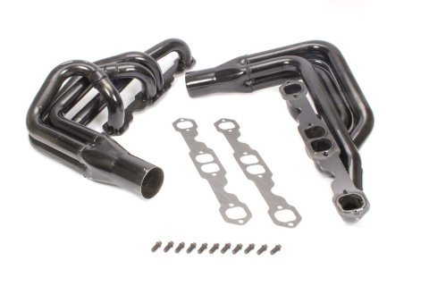 Headers - IMCA-UMP Stock Car - 1.75 in Primary - 3 in Collector - Gaskets / Hardware Included - Steel - Black Paint - Small Block Chevy - Pair