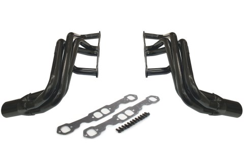 Headers - IMCA-UMP Stock Car - 1.75 in Primary - 3 in Collector - S-10 Forward Exit - Gaskets / Hardware Included - Steel - Black Paint - Small Block Chevy - Pair