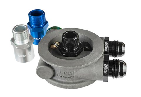 Oil Cooler Adapter - Sandwich - 22 mm x 1.50 Center Thread - 12 AN Male Inlet - 12 AN Male Outlet - Aluminum - Natural - Each