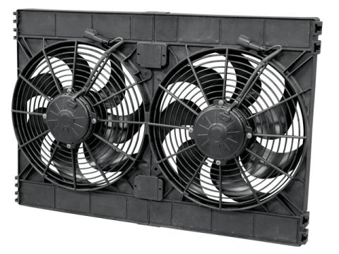Electric Cooling Fan - High Performance - Dual 12 in Fan - Puller - 3168 CFM - 12V - Curved Blade - 17.313 x 25.875 in - 4 in Thick - Plastic - Each