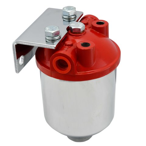 Fuel Filter - Canister - 10 Micron - Paper Element - 3/8 in NPT Female Inlet - 3/8 in NPT Female Outlet - Bracket - Aluminum / Steel - Red Paint / Chrome - Each