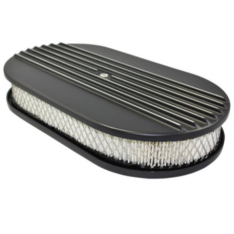 Air Cleaner Assembly - Half Finned - 15 in Oval - 2 in Element - 5-1/8 in Carb Flange - Flat Base - Aluminum - Black Powder Coat - Kit