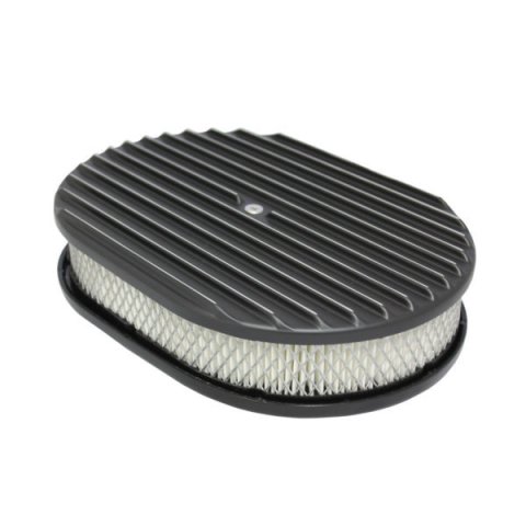 Air Cleaner Assembly - Full Finned - 12 in Oval - 2 in Element - 5-1/8 in Carb Flange - Flat Base - Aluminum - Black Powder Coat - Kit