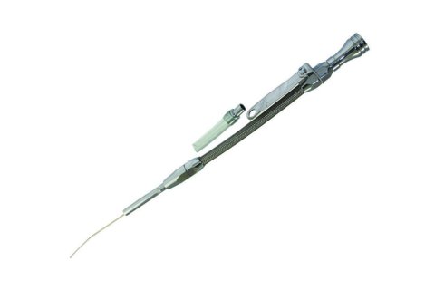 Engine Oil Dipstick - Flexible - Block Mount - Braided Stainless - Aluminum - Chrome - Small Block Chevy - Each