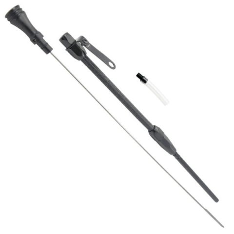 Engine Oil Dipstick - Flexible - Block Mount - Braided Stainless - Aluminum - Black Anodized - Small Block Chevy - Each