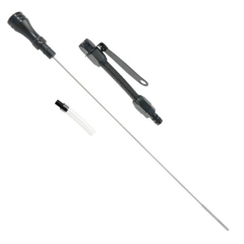 Engine Oil Dipstick - Flexible - Block Mount - Braided Stainless - Aluminum - Black Anodized - Small Block Chevy - Each