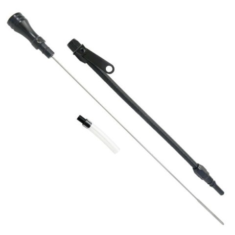 Engine Oil Dipstick - Flexible - Pan Mount - Braided Stainless - Aluminum - Black Anodized - Big Block Chevy - Each