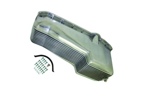 Engine Oil Pan - Rear Sump - Stock Capacity - Stock Depth - Finned - Aluminum - Polished - 2-Piece Seal - Small Block Chevy - Each