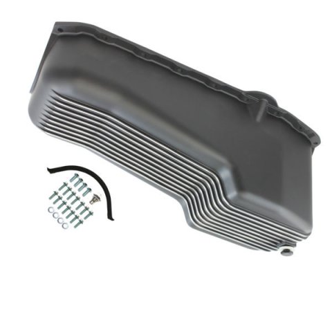 Engine Oil Pan - Rear Sump - Stock Capacity - Stock Depth - Finned - Aluminum - Black Powder Coat - 2-Piece Seal - Small Block Chevy - Each