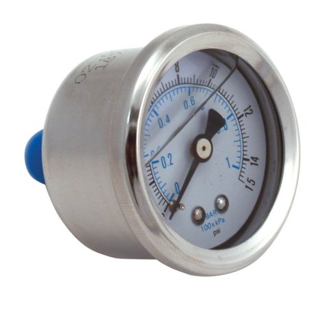 Pressure Gauge - 0-15 psi - Mechanical - Analog - 1-1/2 in Diameter - Liquid Filled - 1/8 in NPT Port - White Face - Each
