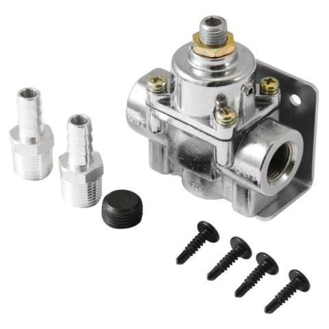 Fuel Pressure Regulator - 1 to 4 psi - In-Line - 3/8 in NPT Inlet - Dual 3/8 in NPT Outlets - 1/8 in NPT Port - Aluminum - Chrome - Gas - Each