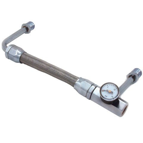 Carburetor Fuel Line - 3/8 in NPT Female Inlet - 5/8-18 in Dual Outlets - Pressure Gauge - Braided Stainless - Silver - Holley Carburetors - Kit