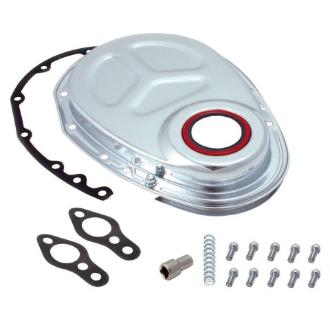 Timing Cover - 1-Piece - Gaskets / Hardware / Seal Included - Steel - Chrome - Small Block Chevy - Each