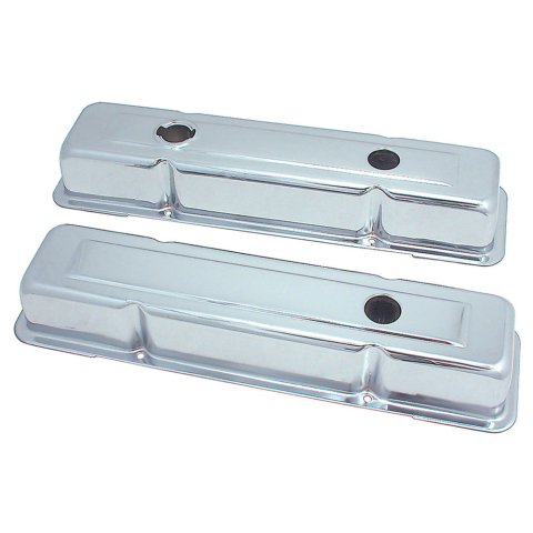 Valve Cover - Stock Height - Baffled - Breather Holes - Steel - Chrome - Small Block Chevy - Pair