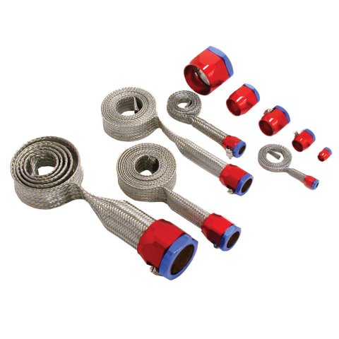 Hose and Wire Sleeve - Magna Braid - Fuel / Heater / Radiator Hose Sizes - Hose End Covers - Braided Stainless - Blue / Red - Kit