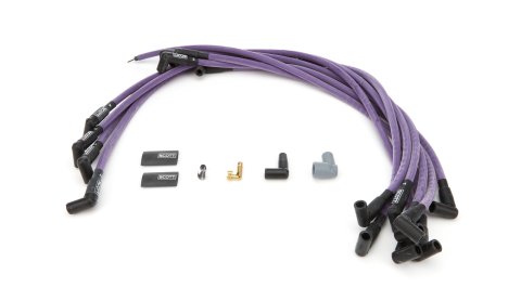 Spark Plug Wire Set - High Performance - Spiral Core - 10 mm - Purple - 90 Degree Plug Boots - HEI Style - Under Headers - Small Block Chevy - Kit