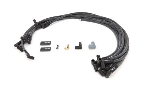 Spark Plug Wire Set - High Performance - Spiral Core - 10 mm - Black - 90 Degree Plug Boots - HEI Style - Around Front of Engine - Small Block Chevy - Kit